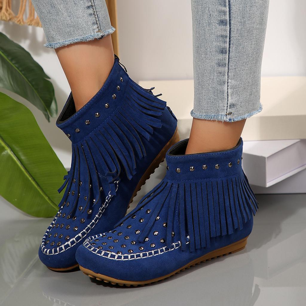 Autumn Retro Flat Heel Ankle Boots Fashion Round Toe Tassel Women Boots Soft Sole Short Boots Casual Women Shoes Botas De Mujer