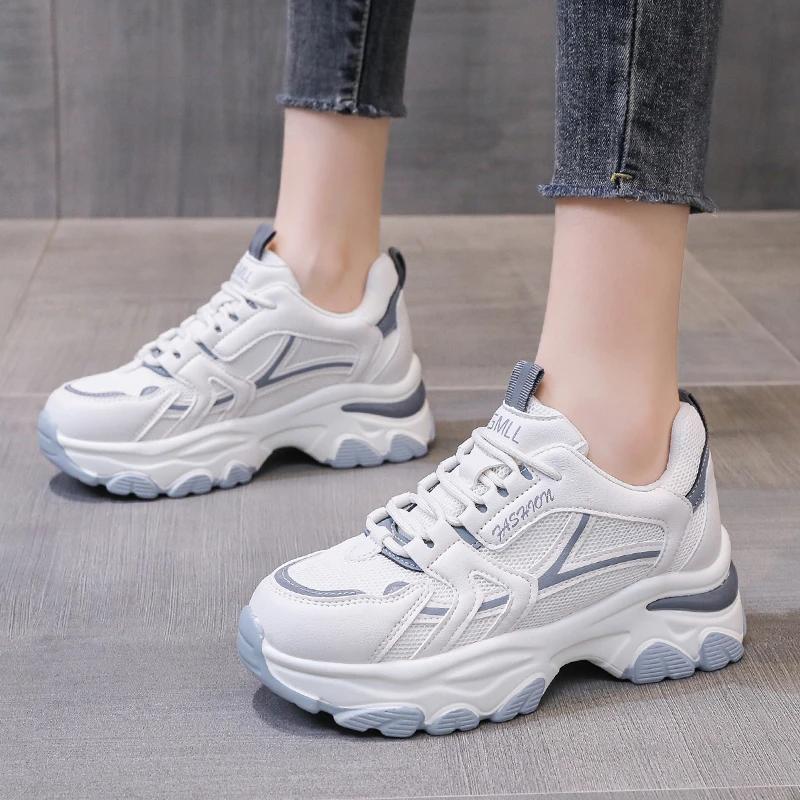 Женские модные повседневные кроссовки на шнуровке, легкие кроссовки с мягкой подошвой, 6 см, дышащая спортивная обувь с сетчатой подошвой