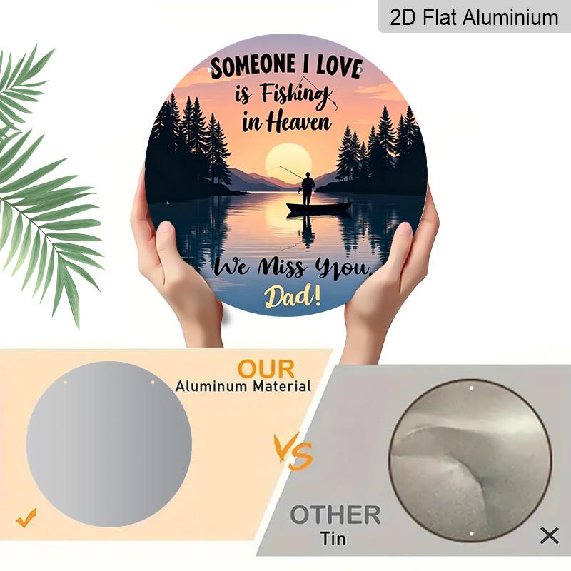 2D Flat, 1pc Memorial Dad Father'S Day Round Round Decorative Sign - "Someone I Love Is Fishing in Paradise" Rustic Vintage Wall Decor, Durable