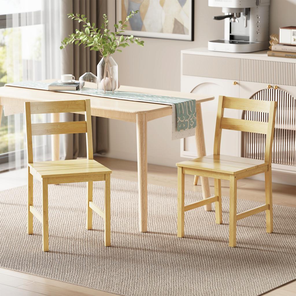 Set of 2 Bamboo Dining Chairs with Curved Backrest and Slatted Seat. Natural Wood Color