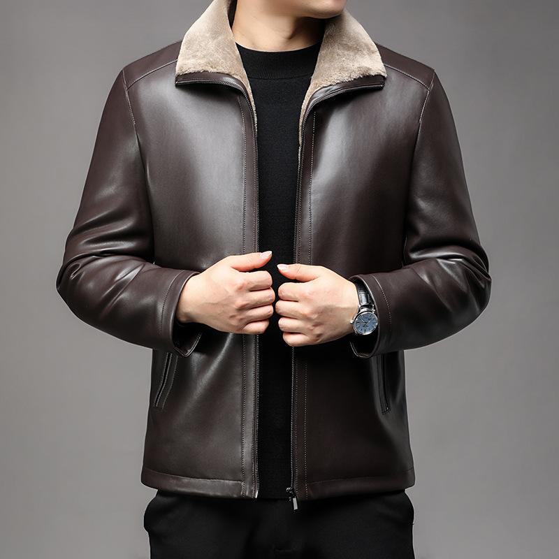 New Leather Jacket for Men with Velvet and Thickening for Middle-aged and Old Men with Fur Integrated Winter Daddy Lapel Warm Leather Jacket