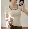 High Elastic Threaded Cotton Square Neck T-shirt Women's Short-sleeved 2024 New Retro Color Matching Tight-fitting Bottoming Shirt