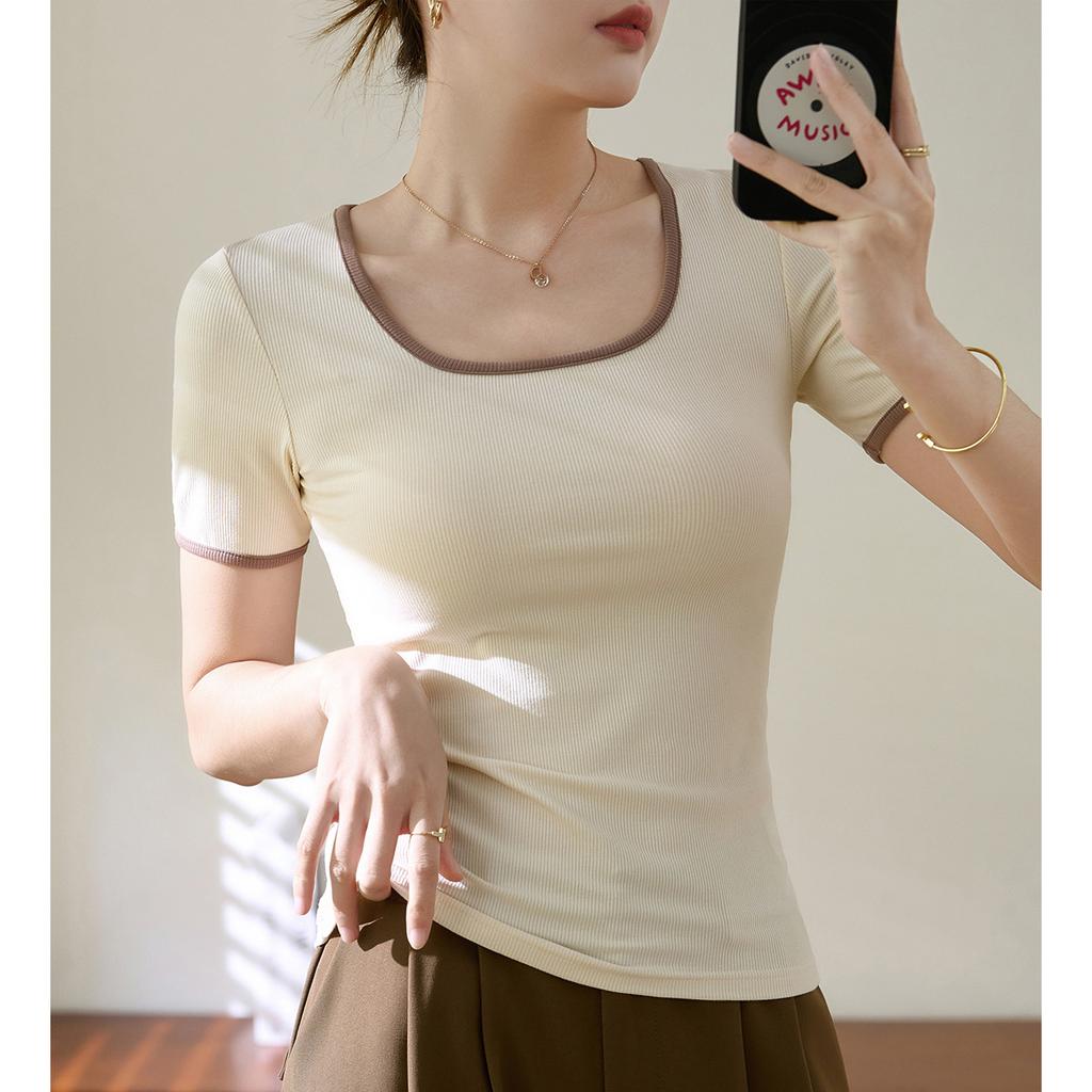 High Elastic Threaded Cotton Square Neck T-shirt Women's Short-sleeved 2024 New Retro Color Matching Tight-fitting Bottoming Shirt