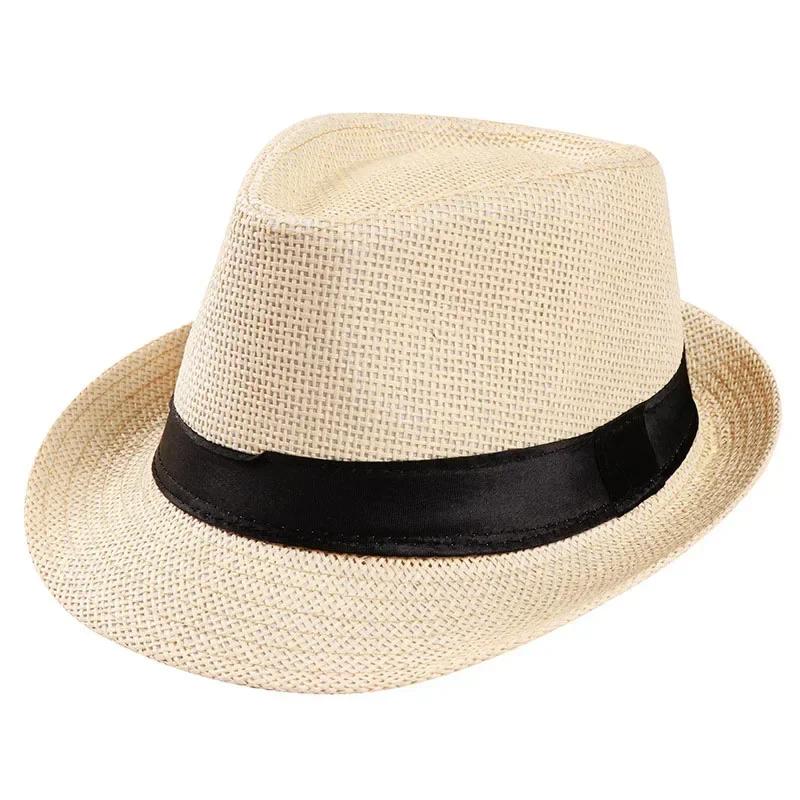 Fashion Men Straw Hat for Women Summer Trendy Beach Sun Hats Solid Color Fedoras Ribbon Casual Cowboy Jazz Cap Gangster Cap Male