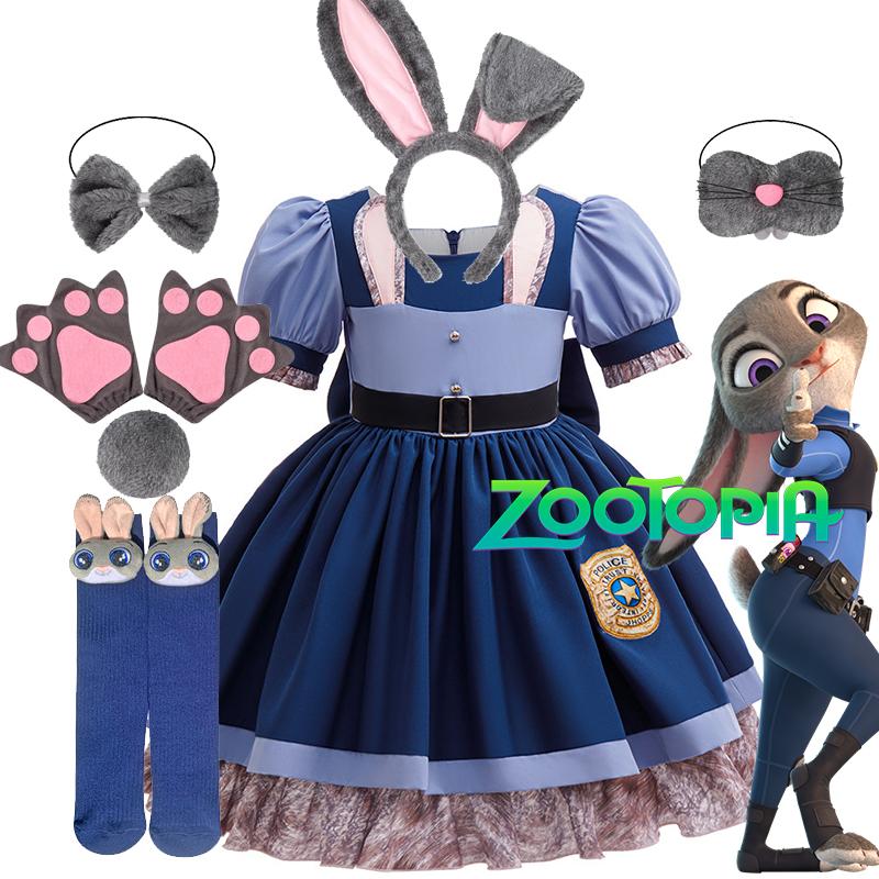 Girl Cosplay  Judy Hopps Police Officer Dress Zootopia Bunny Costume Kids Dress Up Halloween Rabbit Dress Outfits