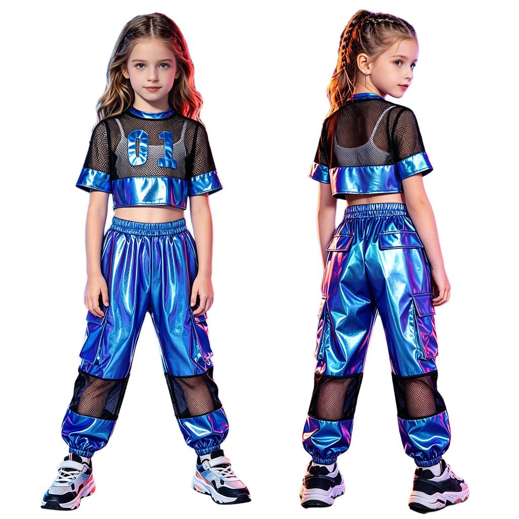 Kids Girls Hip Hop Jazz Dance Set Short Sleeve Number Graphic Hollow Out Mesh Crop Top with Shiny Cargo Pants for Stage Performance Competition