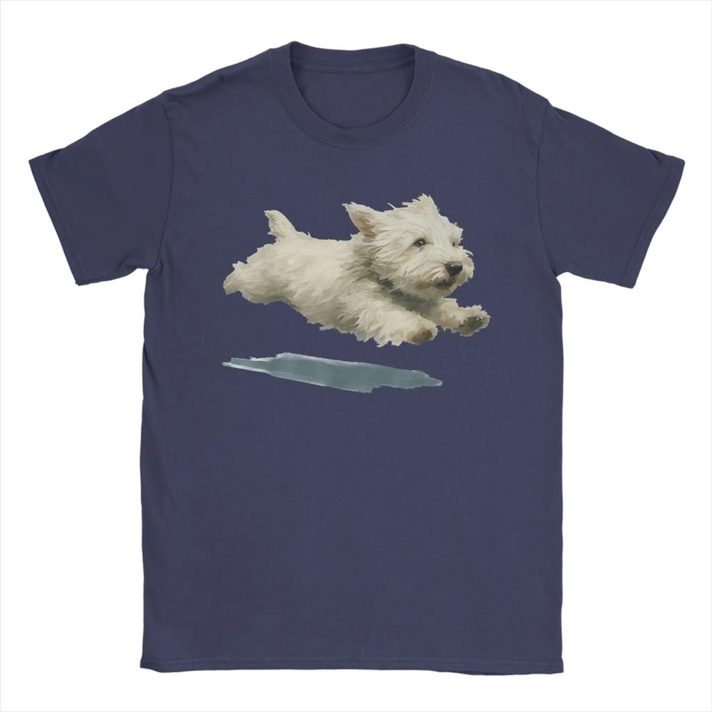 Unisexs Tshirt Funny Running Dog Art Print Cute Westie Dog Fun Cotton Tee Shirt Short Sleeve T Shirts Crewneck Clothing Unique