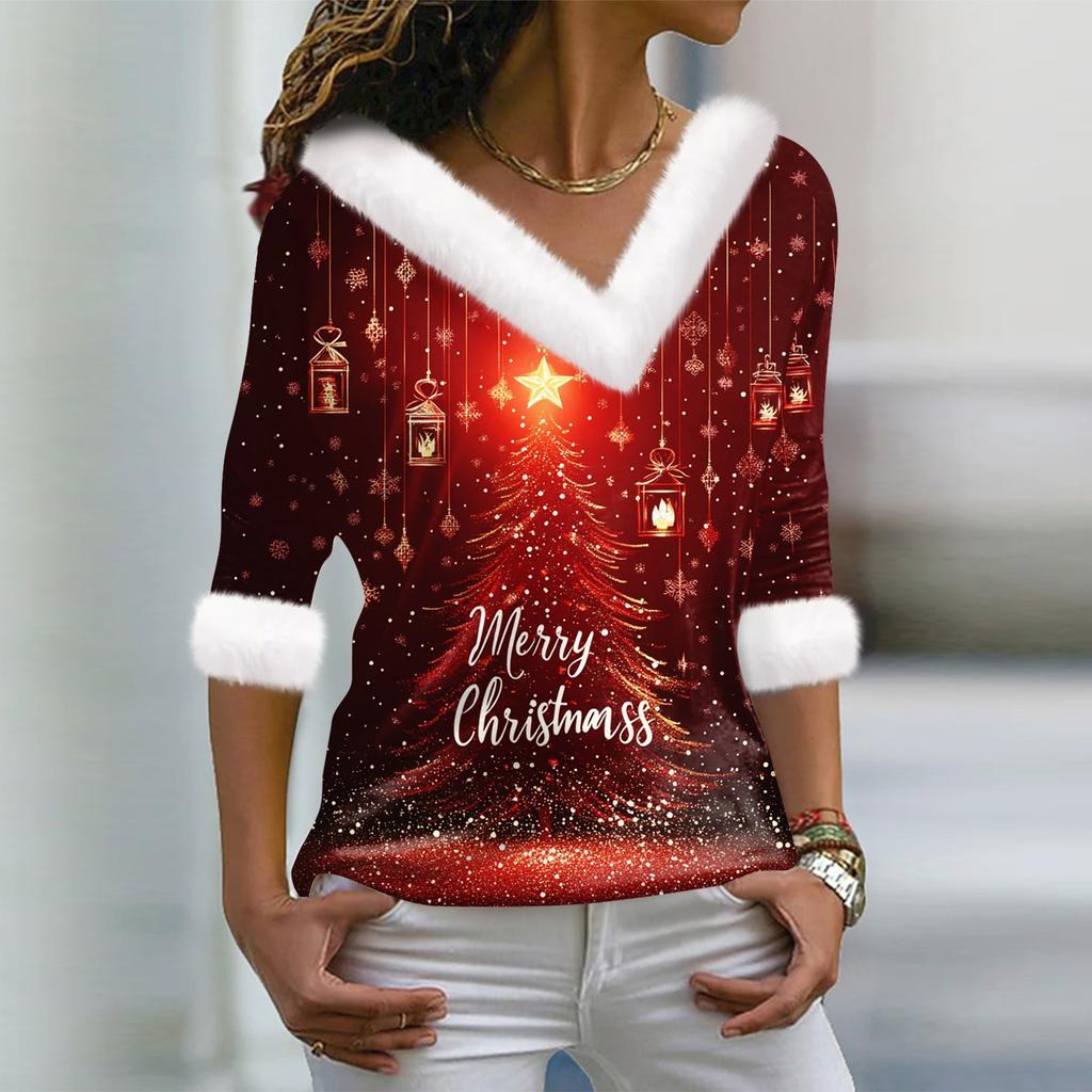Женский модный повседневный топ с V-образным вырезом и длинными рукавами, рождественским принтом и плюшевым воротником