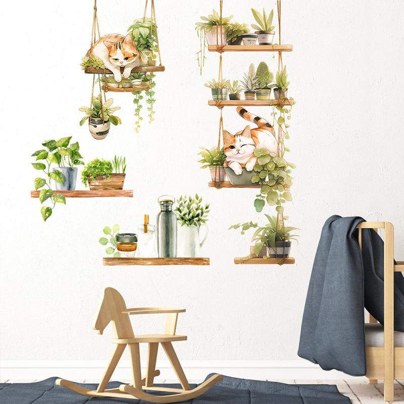 Кошка Зеленый Цветочный Горшок Домашний Фон Настенное Украшение Наклейки на Стену Самоклеящиеся
