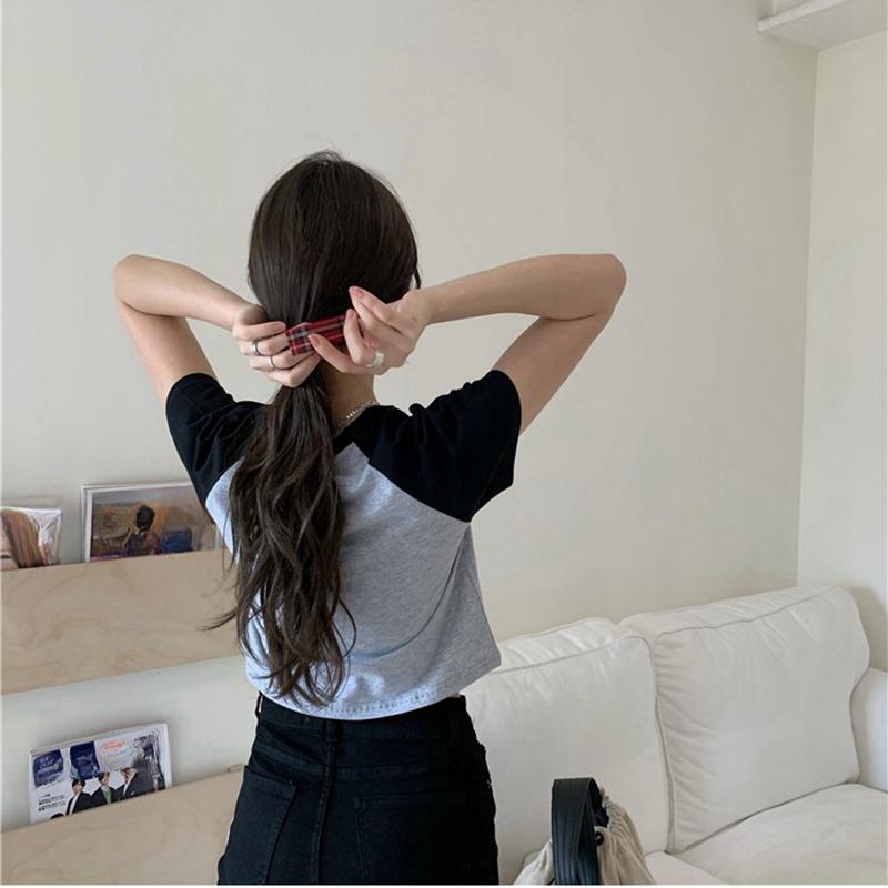 Harajuku Простые укороченные топы с блокировкой цвета Женская повседневная футболка с коротким рукавом Летняя тонкая короткая футболка для молодой девушки Спортивный топ в корейском стиле