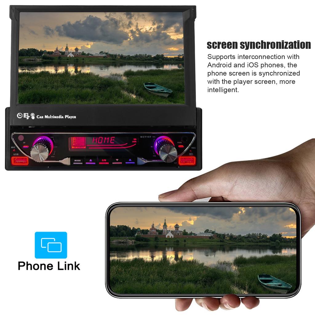 7-дюймовая автомобильная стереосистема с одним DIN и телескопическим сенсорным экраном, FM-радио, поддержка BT MP5-плеера