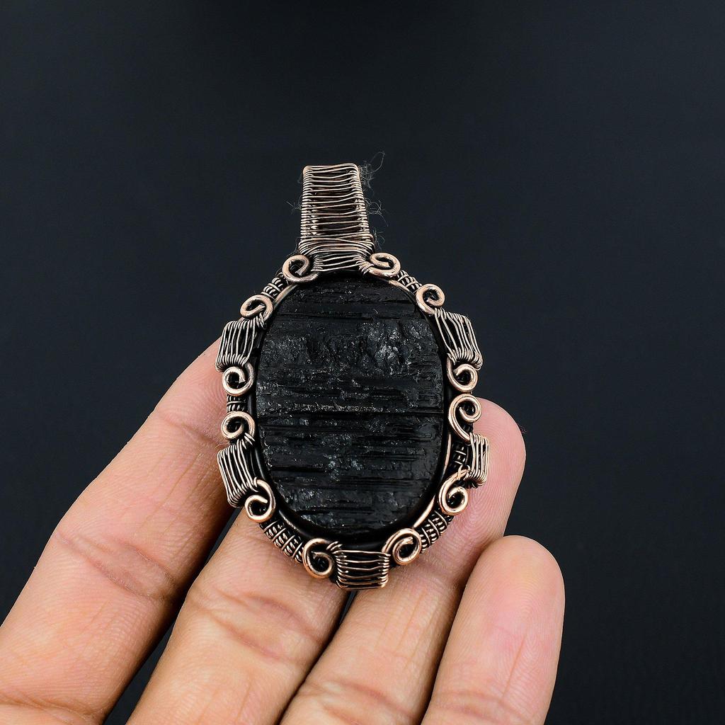 Подвеска из черного турмалина, ювелирное изделие из драгоценного камня, подвеска, обернутая медной проволокой 999 пробы, удивительное ювелирное изделие-подвеска ручной работы