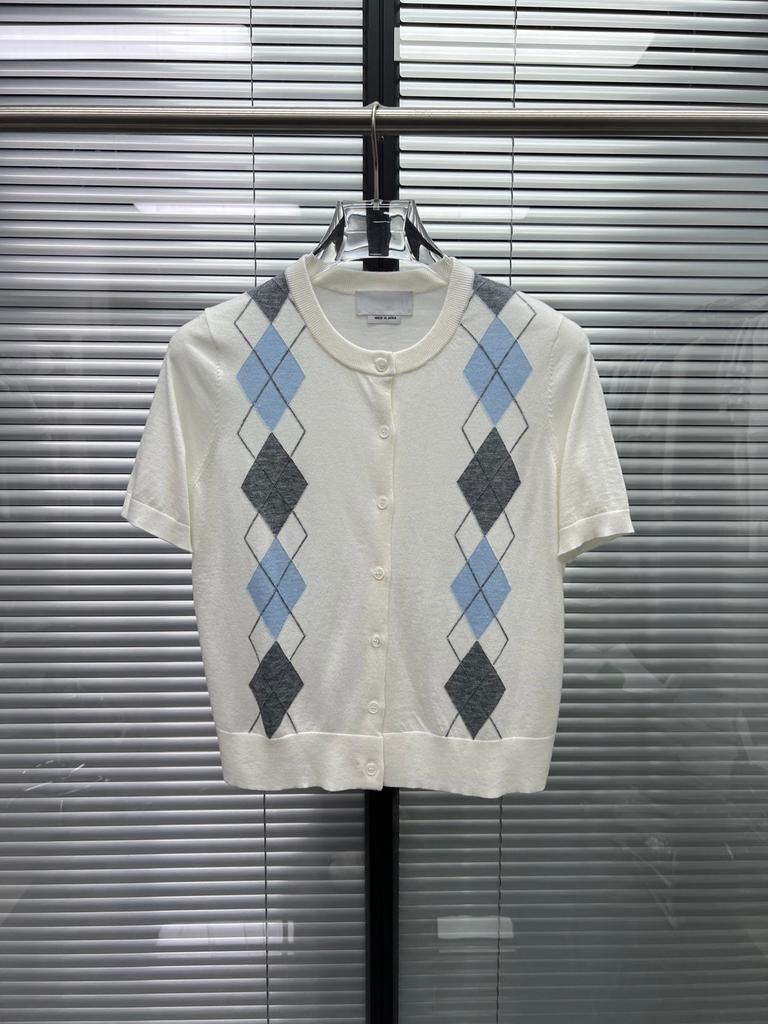 TB summer short-sleeved women's college wind-ringed plaid cardigan Korean version of college style slim-fitting and thin round neck short-sleeved