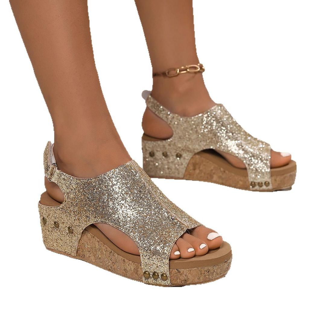 Большой размер 2025 лето новые сандалии на танкетке толстой подошве на липучке с открытым носком заклепки маффин пайетки женские сандалии