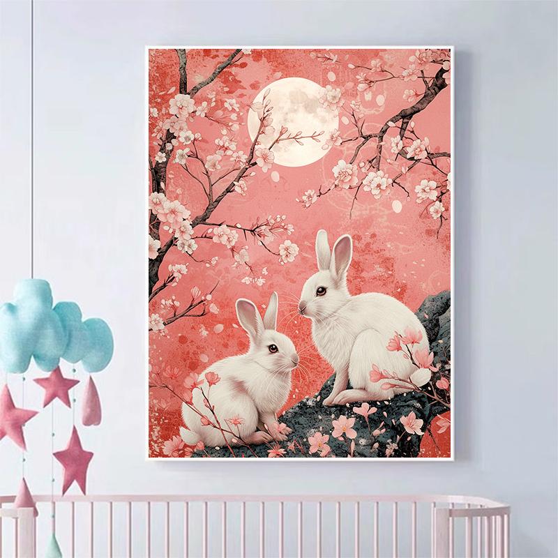 5d DIY Diamond Painting Cross Stitch Peach Blossom Little White Rabbit Diamond Embroidery Mosaic Full Round Drill Home Decor
