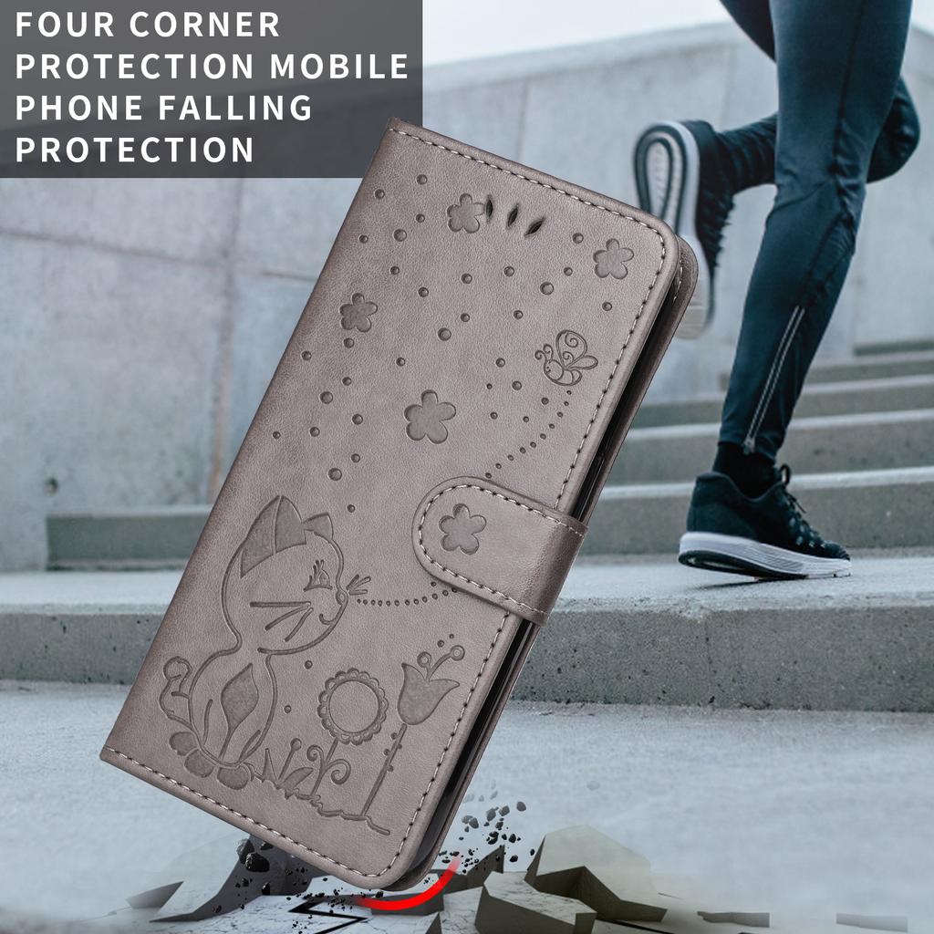 For iPhone 17 Pro Leather Wallet Case Cat Bee Pattern Phone Cover Stand