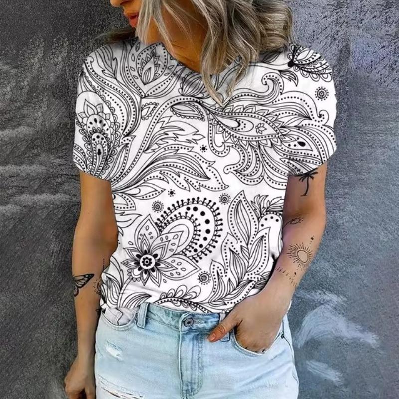 Elegant Women's T-shirt Fashion Retro Flower 3D Pattern Print T-shirt Women's Short Sleeved T-shirt Summer Leisure T-shirt