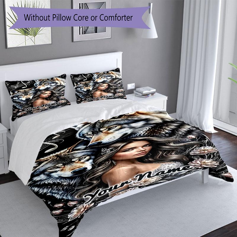 3PC Custom Name Wolf Spirit Connection Bedding Set Printed Bedding Set Duvet Cover Closure Includes 1 Duvet Cover & 2 Pillowcases for All Seasons Bedr