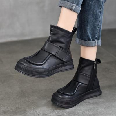 Винтажная обувь из натуральной кожи ручной работы, короткие ботинки с круглым носком, повседневная универсальная женская обувь