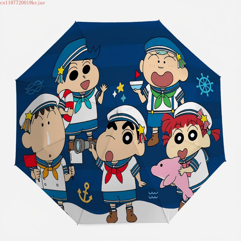 Crayon Shin-chan and Friends Sailor Costume Print Folding Umbrella, Anime Themed Windproof Travel Umbrella for Rain and Sun