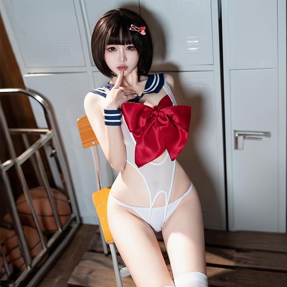 6 Piece Set Sexy Sailor Costume Leotard Navy Removable Chest Ribbon Open Inseam Specification Suitable for Events Free Size Black X Red X Navy Cosplay