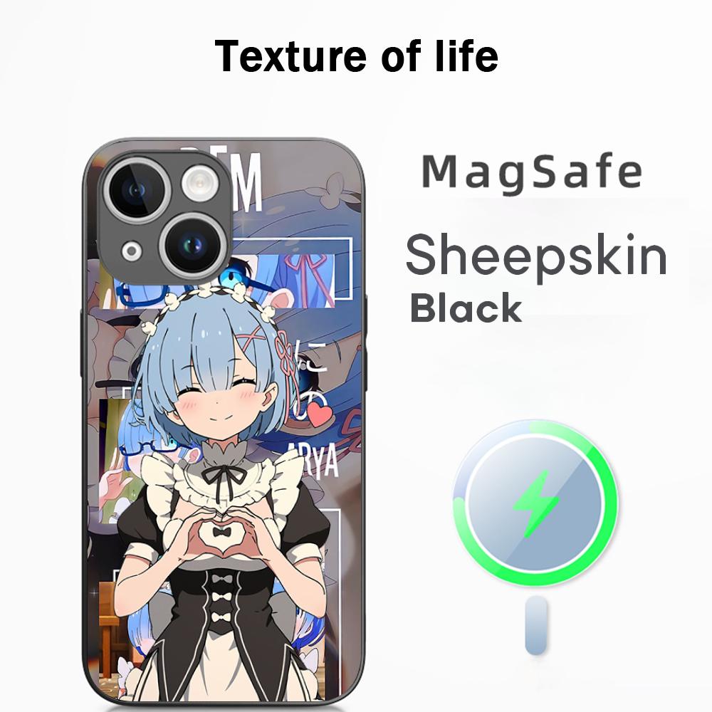 Re zero милая девушка классический аниме-узор Чехол для телефона Для iPhone 17 16 15 14 13 12 Plus Pro Max Высококачественный Роскошный Magsafe Овчина