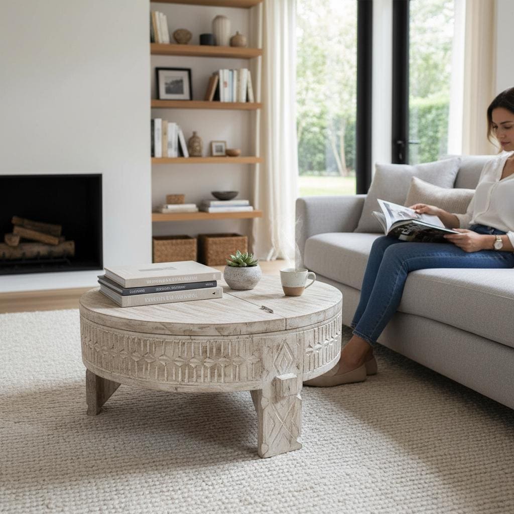 Wooden Indian Carving Coffee Table, Tea Table | Side End Table Home Decor Furniture-Round, Accent Table, Indian Traditional Furniture