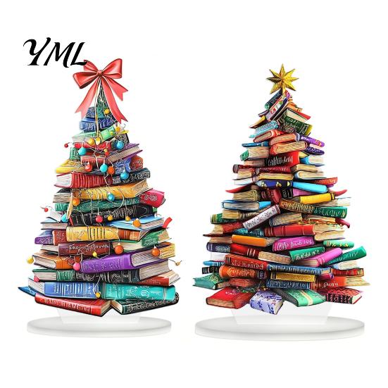 Book Lover Christmas Gifts Stacked Tree Ornament, 2D Flat Stacking Holiday Hanging Decoration, Desktop Display Reading Theme Acrylic Pendant,