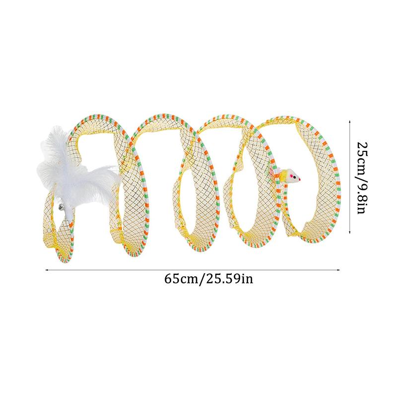 Складной туннель для кошек S-образной формы, пружинный туннель для кошек с плюшевой мышкой и перьями, спиральный туннель, интерактивная игрушка для кошек