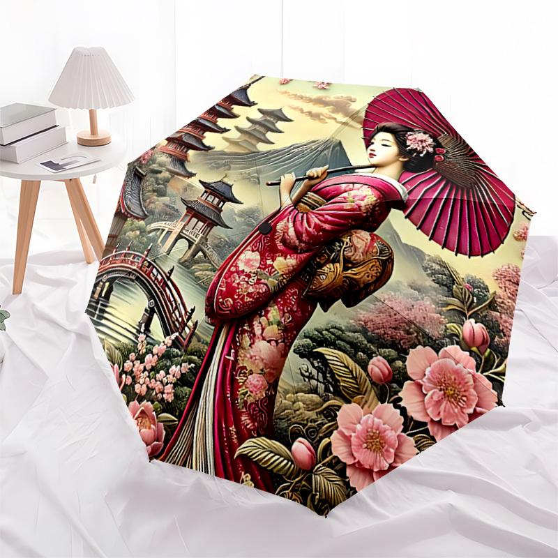 1PC Geisha Blossoms Automatic Folding Umbrella - Compact 8-Rib Design, Durable Plastic & Iron, Lightweight for Outdoor Daily Use, Festive Gift062