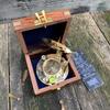 Sundial Compass Solid Brass Vintage Nautical Retro Steampunk Polished Hardwood Box Marine Compass Vintage Nautical Compass and Hardwood Box