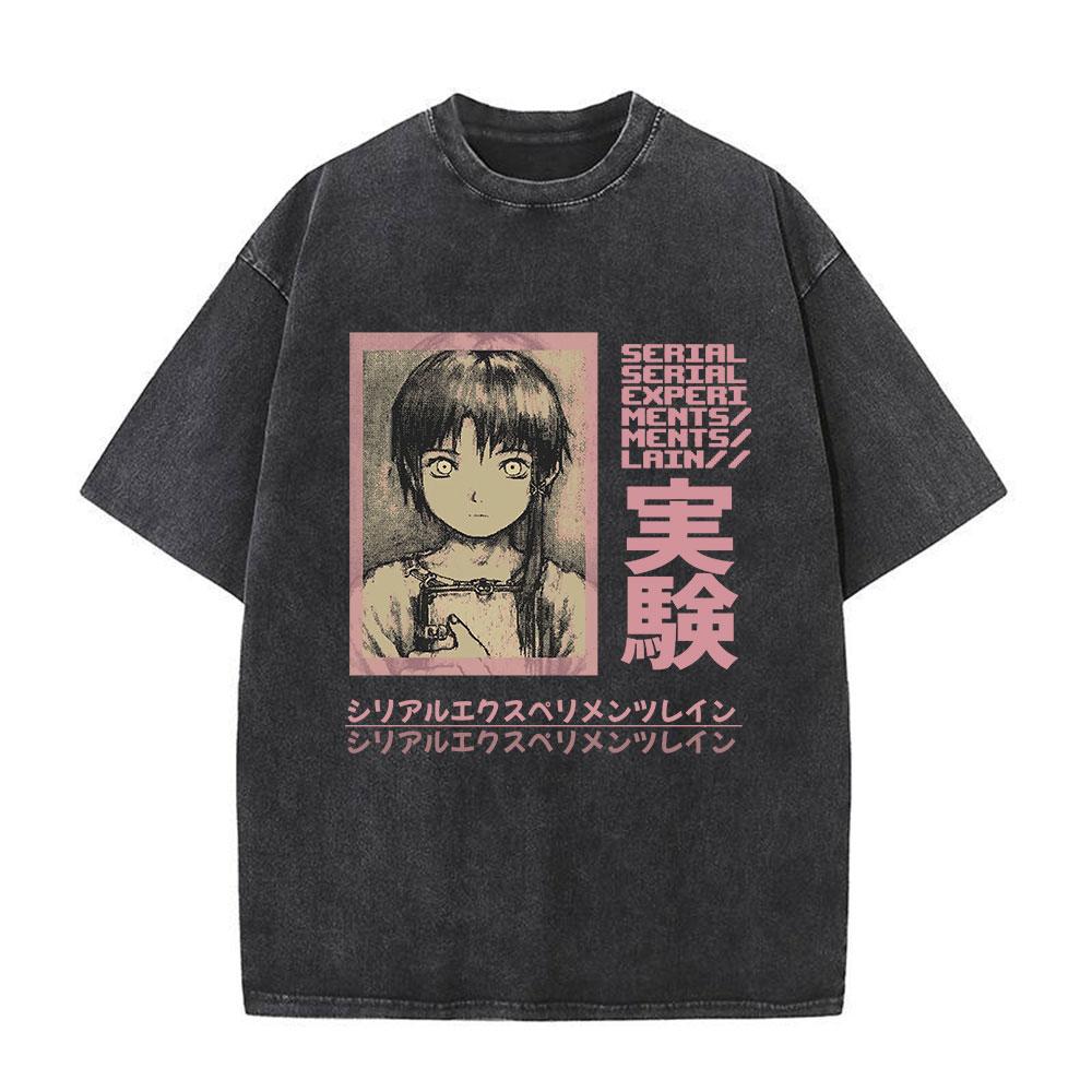 Serial Experiments Lain Anime Vintage Washed T-Shirt Manga Iwakura Girl Sci Fi Short Sleeve T-shirts 100% Cotton Casual T Shirt