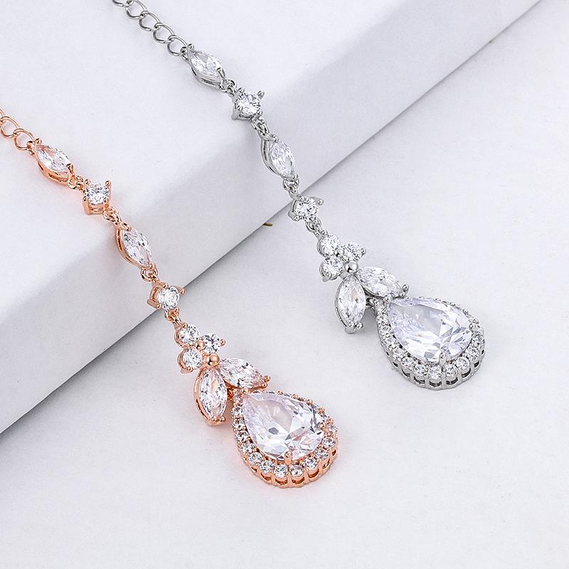 Weiman Rhodium Silver Plated Classic Style Halo Pear Cut Cubic Zirconia Pendant Brass Back Drop for Bridal Wedding Necklace