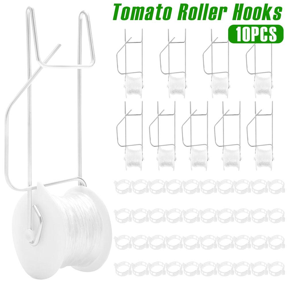 10 шт. Томатные роликовые крючки Прочный набор для шпалеры для цветочной лозы и урожая с 15-метровой веревкой Многоцелевой шпагат Роликовые крючки для шпалеры для лозы и урожая