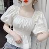 Summer New French Tighten the Waist Fashion Short Sleeve T-shirt Women Solid Square Neck Pearl Folds Chiffon Bubble Sleeve Tops