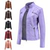Women's Slim Fit Casual Leather Jacket with Stand Collar - Solid Color Spring/Autumn Outerwear