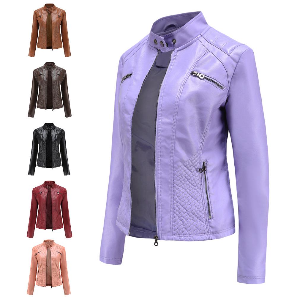 Women's Slim Fit Casual Leather Jacket with Stand Collar - Solid Color Spring/Autumn Outerwear