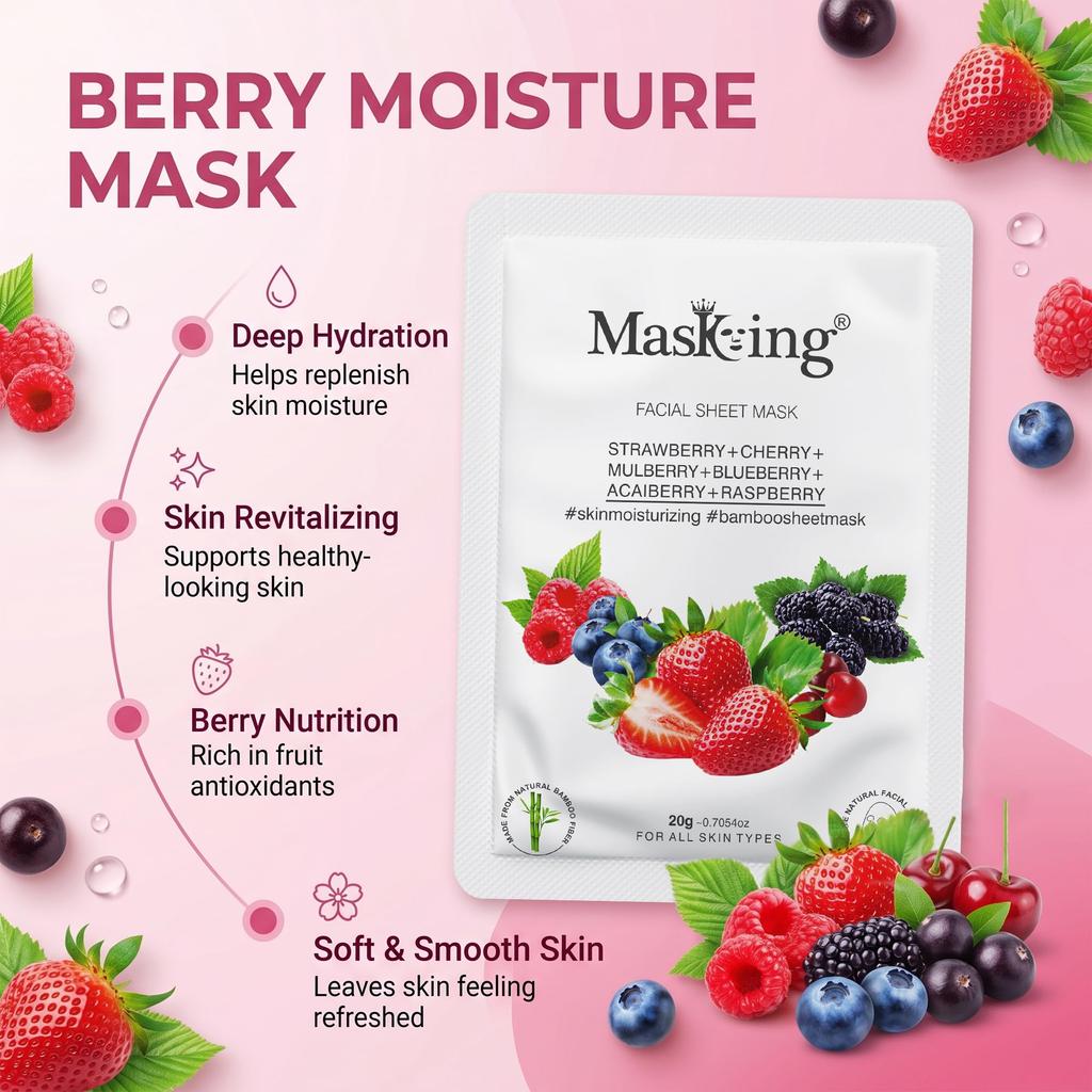 Тканевая маска для лица MasKing Bamboo с клубникой, вишней, шелковицей, черникой, ягодами асаи и малиной для увлажнения кожи. Идеально для женщин и мужчин, 2 шт.