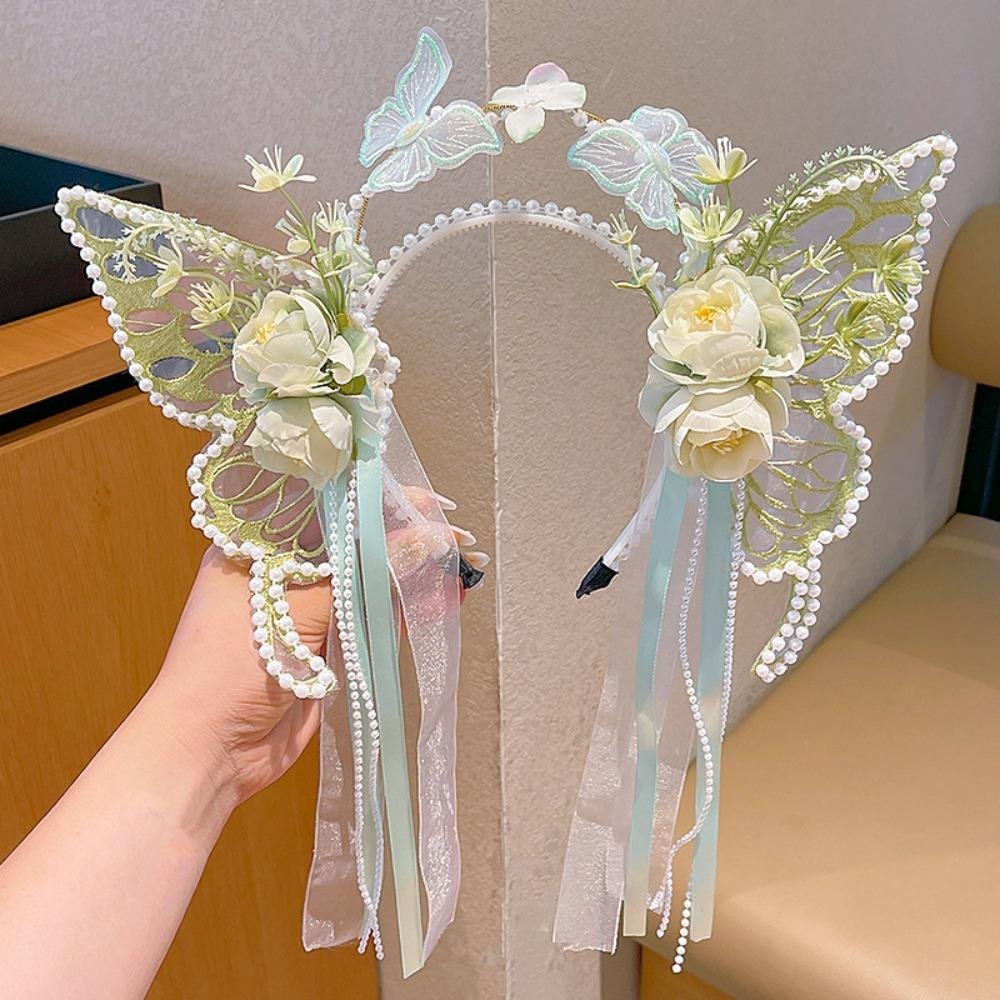 Fashion Sweet Butterfly Fairy Hair Hoop Mesh Kawaii Big Butterfly Wing Hairpins Headwear Embroidery Flower Headband Party