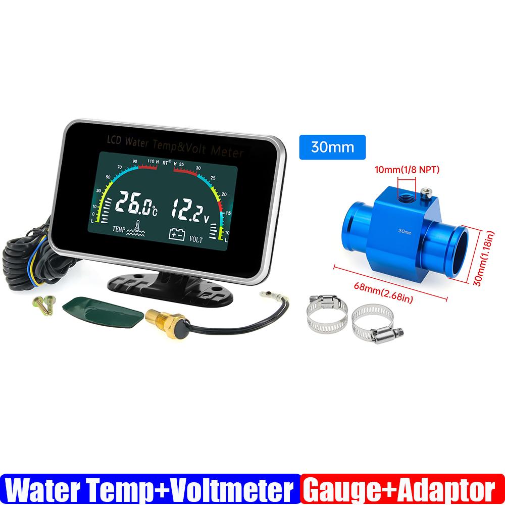 ZMFJH Universal Auto Car Dual Gauge 2 IN 1 LCD Gauge with Sensor Water Temperature+Voltmeter Water Temp Joint Sensor 26-40MM