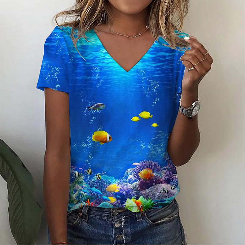 Summer V-neck 3D Infauna Printed Top Fashionable Casual Short Sleeved Women's T-shirts