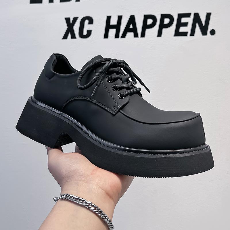 Туфли мужские кожаные на платформе в британском стиле 2024 года, черные туфли-лоферы на высоком каблуке во французском стиле для студентов 57323-A