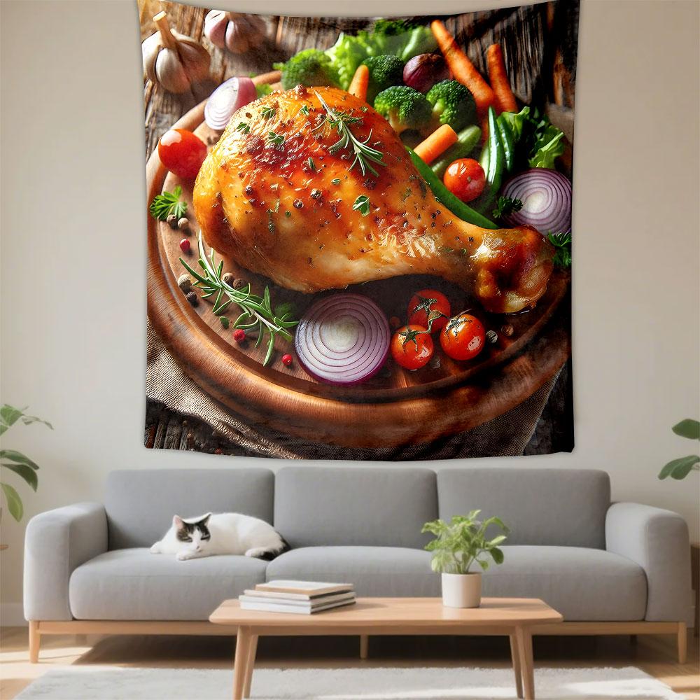Roasted Chicken with Fresh Veggies Patterned Tapestry Decorative Wall Hanging, Home Bedroom Living Room Decor
