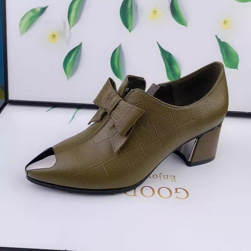 Fashion Bow Deep Mouth High Heels Women's Autumn New Versatile Temperament Pointed Thick Heel Single Shoes Women