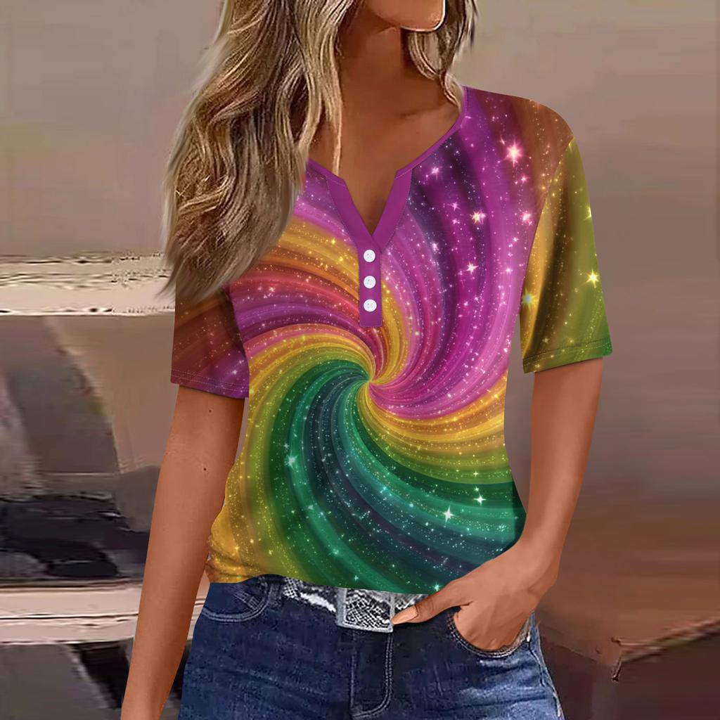 Жен. Футболка Футболка С принтом Пуговицы С короткими рукавами Повседневные Выходные Мода Классический V-образный вырез Обычный Верх