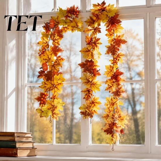 Seasonal Porch Welcome Signs Artificial Fall Maple Leaf Wreath, Autumn Vine with Pine Cones Pumpkins, Reusable Fake Leaves Hanging Decor for