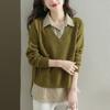 Shirt Lapel Neck Faux Two Piece Long Sleeve Women's Basic Blouse Pullover Autumn Winter Buttons Knit Sweaters