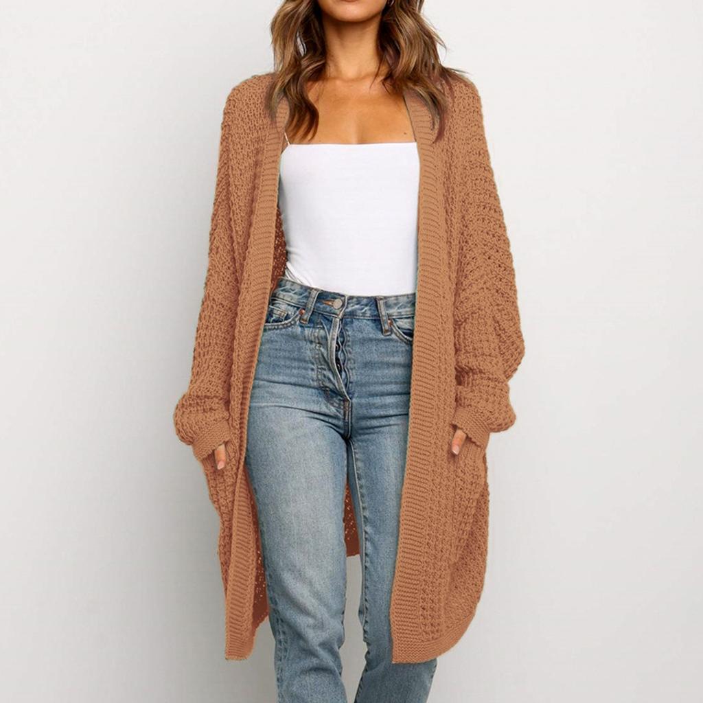 Womens Patchwork Cardigan Long Sleeve Open Front Knit Sweaters Coat Pockets