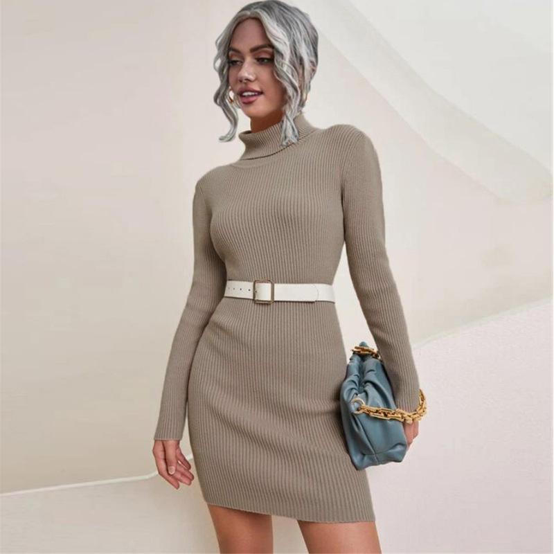 Женская водолазка с длинным рукавом вязать эластичный тонкий свитер Bodycon платье-свитер