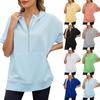 Women's Fashion Solid Color Hooded Loose Short Sleeved Zipper Pocket Top